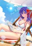  1girl bare_arms bare_legs bare_shoulders beach_chair bird blue_sky book breasts cleavage cloud cloudy_sky collarbone covered_navel day fate/grand_order fate_(series) flower hair_flower hair_ornament hibiscus holding holding_book ice_(ice_aptx) impossible_clothes impossible_swimsuit large_breasts long_hair looking_at_viewer matou_sakura one-piece_swimsuit open_book outdoors purple_eyes purple_hair reclining red_flower sky smile solo sun sunlight swimsuit thighs towel white_swimsuit 