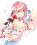  1girl :o bare_shoulders black_choker black_ribbon blue_eyes blue_shorts blush bottle breasts character_request choker cleavage collarbone crop_top final_fantasy final_fantasy_xiv flower gradient gradient_background hair_flower hair_ornament hair_ribbon hand_on_hip hand_up heart holding holding_bottle large_breasts long_hair looking_at_viewer midriff nail_polish navel open_mouth pingo pink_hair pink_nails red_flower ribbon shorts solo stomach upper_body 