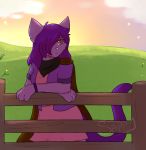  anthro bandanna bottomwear bracelet breasts cloak clothed clothing crossed_arms face_tuft felid feline female fence fully_clothed hair hi_res jewelry leaning long_hair looking_aside mammal neutral_expression nova-aurora outside paws shirt skirt solo spippy standing topwear 
