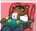  &lt;3 2019 animal_crossing anthro blue_eyes blush bottomwear brown_fur canid canine clothing fur hi_res humanoid_hands japanese_text kusosensei male mammal nintendo overweight overweight_male pants raccoon_dog shirt sitting solo tanuki text tom_nook_(animal_crossing) topwear video_games 