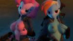  16:9 3d_(artwork) absurd_res anthro bethesda_softworks breasts clothed clothing digital_media_(artwork) duo equid equine fallout female friendship_is_magic hair hi_res holding_object holding_weapon horse light lighting mammal my_little_pony nipples pinkie_pie_(mlp) pony rainbow_dash_(mlp) simple_background skynaya source_filmmaker video_games weapon 