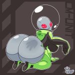  1:1 2019 alien big_butt butt clothed clothing female grey_skin hi_res huge_butt humanoid looking_back not_furry oaf rear_view roswell_grey simple_background smile solo thick_thighs 