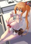  1girl :q arko_(acucs) bangs belt between_breasts black_panties blue_eyes blush bow bowtie breasts condom condom_wrapper girls_frontline hair_between_eyes hair_ribbon highres huge_breasts kalina_(girls_frontline) long_hair looking_at_viewer money nipples orange_hair panties pouch ribbon shirt side_ponytail sitting smile solo tongue tongue_out unbuttoned underwear 