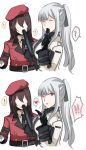  2girls ak-12_(girls_frontline) bangs black_gloves black_ribbon blown_kiss braid brown_hair closed_mouth commander_(girls_frontline) commentary french_braid girls_frontline gloves hair_between_eyes hat heart highres jacket long_hair long_sleeves military military_uniform multiple_girls necktie one_eye_closed partly_fingerless_gloves purple_eyes ribbon sidelocks silver_hair smile u_nagidon uniform very_long_hair yuri 