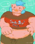  2019 absurd_res anthro belly blue_background bottomwear buta5kawa clothing eyes_closed gouryou hamuga86 hi_res humanoid_hands japanese_text male mammal moobs navel overweight overweight_male shirt shorts simple_background solo suid suina sus_(pig) text tokyo_afterschool_summoners topwear video_games wild_boar 
