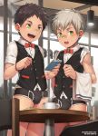  2boys absurdres artist_name bandaid bandaid_on_face bandaid_on_nose beater blush bow bowtie briefs bulge cafe green_eyes highres light_brown_hair male_focus multiple_boys notepad open_mouth original pencil shirt shota sleeves_rolled_up smile underwear vest waiter 