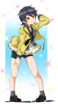  1girl absurdres black_hair bow breasts closed_mouth hair_bow hand_up highres jacket kiratto_pri_chan kurokawa_suzu nikkou_bure pretty_(series) shoes skirt small_breasts socks solo yellow_eyes 