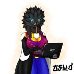  1:1 2019 5_fingers anthro avian beak beverage big_breasts biped bird black_feathers breasts bubble_tea clothed clothing computer digital_drawing_(artwork) digital_media_(artwork) feathered_wings feathers female fingers hair hands-free_bubble_tea hi_res icterid jose-497 laptop latina logo meme messy_hair miranda_marcano new_world_oriole non-mammal_breasts signature simple_background solo standing venezuelan_troupial white_background winged_arms wings yellow_eyes yellow_feathers 