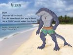  2019 4:3 anthro beach clothing comic english_text fish foxyghost hi_res lifeguard male marine muscular outside reflist seaside shark simple_background solo suss_(foxyghost) swimwear text water 