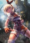  1girl abs bare_arms blonde_hair blurry blurry_background bodysuit bodysuit_under_clothes clenched_hand collared_shirt commentary_request covered_navel cowboy_shot cropped_shirt dripping dutch_angle fighting_stance gen_1_pokemon gloves hair_between_eyes hairband hand_up hangetsuban_sonshou highres hypno looking_afar looking_at_another monster muscle open_mouth partly_fingerless_gloves pokemon pokemon_(creature) pokemon_(game) pokemon_swsh purple_eyes ringed_eyes saitou_(pokemon) shirt short_hair short_sleeves shorts sidelocks solo_focus standing sweat toned wing_collar wristband 