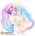  ahri_(lol) animal_humanoid big_breasts blue_eyes blue_hair blush breasts canid canid_humanoid canine canine_humanoid clothing colored_nails female fox_humanoid fur grope hair headphones human human_on_humanoid humanoid interspecies league_of_legends mammal mammal_humanoid multicolored_fur nails nanoless nipples nude open_mouth purple_hair rainbow_fur riot_games simple_background sona_(lol) video_games 