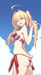  1girl ahoge ass bikini blonde_hair blue_sky breasts cowboy_shot day fate/grand_order fate_(series) from_side green_eyes large_breasts long_hair looking_at_viewer looking_back nero_claudius_(fate)_(all) nero_claudius_(swimsuit_caster)_(fate) nian outdoors side-tie_bikini sideboob sky solo striped striped_bikini swimsuit twintails underboob weibo_username 