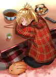  1girl :d black_pants blonde_hair closed_eyes drooling fate/apocrypha fate_(series) hair_ornament hair_scrunchie highres jacket kotatsu long_hair long_sleeves mordred_(fate) mordred_(fate)_(all) open_mouth pants plaid_jacket ponytail red_jacket red_scrunchie scrunchie sitting sleeping smile solo table tomotomow00w under_kotatsu under_table 