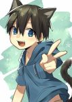  1boy aimai_sheena animal_ears blue_eyes blue_parka-kun brown_hair cat_ears catboy fang highres hood looking_at_viewer open_mouth original smile solo star v 
