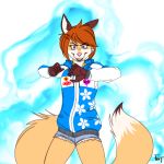  &lt;3 1:1 accessory anthro aura bottomwear canid canine clothed clothing female fox foxtrap fur grin hair_accessory hairpin hi_res hoodie long_tail looking_at_viewer mammal pose purple_eyes shorts smile solo standing teru topwear 