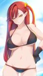  bera bikini black_bikini black_gloves blue_sky breasts gloves hand_on_hip highres navel outdoors pointy_ears red_hair shiki_(psychedelic_g2) side_ponytail sky standing swimsuit wet yellow_eyes youkai_ningen_bem 