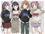  4girls :3 ahoge akebono_(kantai_collection) alternate_costume bandaid bandaid_on_face bangs belt blue_hair blush breasts brown_hair closed_mouth crab crab_on_shoulder eyebrows_visible_through_hair flower hair_bobbles hair_flower hair_ornament hairclip highres kantai_collection long_hair long_sleeves multiple_girls oboro_(kantai_collection) open_mouth pants pink_hair purple_hair sazanami_(kantai_collection) short_hair simple_background skirt smile sweater torn_clothes torn_pants translation_request turtleneck turtleneck_sweater twintails ushio_(kantai_collection) v zippo_teifujou 