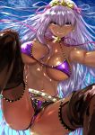 1girl bb_(fate)_(all) bb_(swimsuit_mooncancer)_(fate) belt bikini black_legwear black_shorts breasts commentary_request earrings fate/grand_order fate_(series) gyaru hair_ornament highres jewelry large_breasts long_hair looking_at_viewer purple_bikini purple_eyes purple_hair purple_nails purple_ribbon ribbon short_shorts shorts solo star star_earrings star_hair_ornament studded_garter_belt swimsuit thighhighs uenoryoma white_belt 