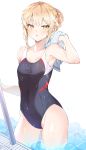  1girl armpits artoria_pendragon_(all) ass_visible_through_thighs bangs bare_arms bare_shoulders black_swimsuit blonde_hair braid breasts cleavage collarbone commentary_request competition_swimsuit covered_navel cpqm eyebrows_visible_through_hair fate/grand_order fate_(series) groin hair_between_eyes hair_bun hand_up highres holding holding_towel looking_at_viewer one-piece_swimsuit parted_lips pool poolside saber_alter sidelocks small_breasts solo standing swimsuit towel water wet wet_clothes wet_swimsuit white_background yellow_eyes 