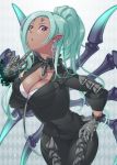  1girl aqua_hair argyle argyle_background bad_proportions black_gloves black_neckwear black_suit breasts cleavage dark_skin earrings extra_eyes finger_to_chin gloves hand_on_hip hand_up harigiri305 highres impossible_clothes jewelry lace large_breasts leaning_forward long_hair pointy_ears ponytail simple_background solo standing tokyo_houkago_summoners 
