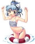  1girl :d arched_back armpits arms_up bangs bikini blue_hair blush blush_stickers breasts brown_eyes collarbone commentary_request double_bun eyebrows_visible_through_hair hair_between_eyes hair_ornament hase_yu hat kantai_collection lifebuoy looking_at_viewer navel open_mouth samuel_b._roberts_(kantai_collection) simple_background small_breasts smile solo star star_hair_ornament striped striped_bikini swimsuit thigh_gap whale white_background 