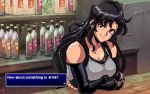  1girl 90s black_hair bottle breasts brown_eyes cleavage commentary david_liu detached_sleeves dithering final_fantasy final_fantasy_vii fingerless_gloves gloves long_hair parody pc-98_(style) pixel_art sabotender signature smile style_parody tifa_lockhart user_interface 