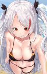  1girl antenna_hair azur_lane bangs bare_shoulders bikini black_bikini black_ribbon blush breasts brown_eyes cleavage closed_mouth commentary_request covered_nipples day eyebrows_visible_through_hair flag_print from_above german_flag_bikini hair_ribbon highres large_breasts long_hair looking_at_viewer multicolored_hair navel outdoors ponyaru prinz_eugen_(azur_lane) prinz_eugen_(unfading_smile)_(azur_lane) red_hair ribbon side-tie_bikini silver_hair sky smile solo standing streaked_hair swept_bangs swimsuit thigh_strap tied_hair tongue tongue_out two_side_up very_long_hair 