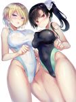  2girls asymmetrical_docking black_hair black_swimsuit blonde_hair blue_eyes blush breast_press breasts cameltoe competition_swimsuit covered_navel covered_nipples cowboy_shot hair_ribbon highleg highleg_swimsuit highres large_breasts long_hair looking_at_viewer looking_down multiple_girls one-piece_swimsuit open_mouth original red_eyes ribbon sanshoku_amido short_hair side_ponytail simple_background standing swimsuit wet wet_clothes wet_swimsuit white_background white_ribbon white_swimsuit 