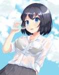  1girl arm_up arms_behind_back bangs black_hair black_skirt blue_eyes blue_sky bottle bra breasts cleavage cloud commentary_request day dutch_angle eyebrows_visible_through_hair head_tilt highres holding holding_bottle kuro_(be_ok) looking_at_viewer medium_breasts original outdoors parted_lips pleated_skirt see-through shirt short_hair skirt sky sleeves_rolled_up solo underwear upper_body water_bottle wet wet_clothes white_bra white_shirt 