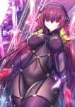  1girl bodysuit breasts covered_navel cowboy_shot dual_wielding fate/grand_order fate_(series) gae_bolg hair_intakes highres holding holding_spear holding_weapon large_breasts long_hair pauldrons polearm purple_bodysuit purple_hair red_eyes scathach_(fate)_(all) scathach_(fate/grand_order) sidelocks solo spear veil very_long_hair weapon zha_yu_bu_dong_hua 