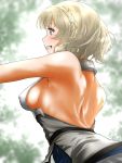  1girl armpits blonde_hair blush breasts closed_mouth colorado_(kantai_collection) covered_nipples eyebrows_visible_through_hair floral_background highres kantai_collection large_breasts short_hair side_braids sideboob sleeveless smile solo tama_(seiga46239239) 