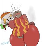  2018 anthro anthrofied areola belly big_belly big_breasts biped blush breast_squish breasts chef chef_hat chicken_meat clothing collarbone cosmicscourge deep_navel digital_drawing_(artwork) digital_media_(artwork) english_text eyebrows eyelashes eyes_closed featureless_crotch female food front_view grey_body half-length_portrait hand_behind_back hat hat_only headgear headwear heatmor hi_res holding_object hole_(anatomy) huge_breasts leaning long_snout mammal meat mostly_nude multicolored_body navel nintendo nipples obese obese_female overweight overweight_female pilosan plant pok&eacute;mon pok&eacute;mon_(species) pok&eacute;morph portrait raised_inner_eyebrows red_body red_tail roast_chicken sauce serving_tray shy simple_background smoke snout solo sound_effects squish standing tail_vent text thick_thighs tray vegetable vent video_games white_background white_clothing white_hat white_headwear wide_hips xenarthran yellow_areola yellow_body yellow_nipples 