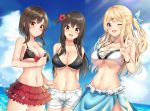  3girls :d ;d absurdres amagi_korona arms_behind_back bare_arms bare_shoulders bikini_skirt bikini_top black_bikini_top black_hair blonde_hair blue_eyes blue_ribbon blue_sky braid breasts brown_hair cleavage closed_mouth cloud cloudy_sky collarbone commentary_request cowboy_shot flower frills front-tie_bikini front-tie_top frown hair_flower hair_ornament hair_ribbon hairclip half_updo halterneck highres horizon huge_filesize large_breasts layered_skirt long_hair looking_at_viewer miniskirt multiple_girls navel o-ring o-ring_bikini o-ring_top ocean one_eye_closed one_side_up open_mouth original outdoors red_eyes red_flower red_skirt ribbon sarong short_hair short_shorts shorts sidelocks skirt sky smile sparkle standing stomach sunlight white_bikini_top white_shorts x_hair_ornament 