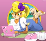  2019 anthro bandicoot barefoot blonde_hair breasts clothed clothing coco_bandicoot computer crash_bandicoot_(series) digital_media_(artwork) feet female fur green_eyes hair hi_res humanoid_feet mammal marsupial naughty_dog soles solo sony_corporation sony_interactive_entertainment toes video_games zp92 