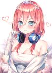  1girl bangs bare_shoulders blue_eyes blush breasts cleavage closed_mouth collarbone commentary_request dress frown gloves go-toubun_no_hanayome hair_between_eyes hand_up headband headphones headphones_around_neck heart hinaki_(hinaki_0102) large_breasts long_hair looking_at_viewer nakano_miku pink_hair revision solo strapless strapless_dress upper_body wedding_dress white_background white_dress white_gloves 