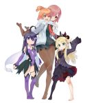  absurdres blonde_hair brown_hair cosplay fate/grand_order fate_(series) green_eyes highres himesaka_noa hoshino_hinata hoshino_miyako_(wataten) long_hair looking_at_viewer multiple_girls purple_eyes purple_hair red_eyes shirosaki_hana short_hair smile watashi_ni_tenshi_ga_maiorita! 