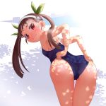  1girl ass bakemonogatari bare_arms bare_legs bent_over blue_swimsuit blush breasts brown_hair closed_mouth commentary commentary_request drawdream1025 from_behind hachikuji_mayoi hairband highres leaning_forward long_hair looking_at_viewer monogatari_(series) one-piece_swimsuit outdoors red_eyes small_breasts solo standing swimsuit twintails upper_body 