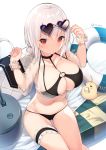  1girl azur_lane bag bangs bikini black_bikini blush breasts choker cisyo cleavage collarbone eyewear_on_head hair_between_eyes hands_up heart heart-shaped_eyewear huge_breasts innertube looking_at_viewer manjuu_(azur_lane) navel o-ring o-ring_top red_eyes scrunchie sheer_clothes short_hair short_twintails simple_background sirius_(azur_lane) sirius_(midsummer_seirios)_(azur_lane) sitting solo sunglasses swimsuit thigh_strap turret twintails twitter_username white_background white_hair white_scrunchie wrist_scrunchie 