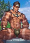  1boy abs bara beard blue_sky blurry blurry_background brown_hair clenched_hand dark_skin dark_skinned_male day earrings facial_hair jewelry jiajiuli muscle navel necklace outdoors pectorals pointy_ears sideburns sitting sky tangaroa tattoo tokyo_houkago_summoners white_hair yellow_eyes 