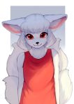  absurd_res black_nose canid canine clothing color_fox front_view fur hi_res looking_at_viewer mammal red_clothing red_eyes red_topwear solo topwear white_fur yobi yobi:_the_five_tailed_fox 