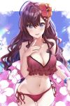  1girl :p ahoge ass_visible_through_thighs bangs bare_shoulders bikini blue_eyes blush breasts brown_hair cleavage collarbone eyebrows_visible_through_hair fingernails flower frilled_swimsuit frills hair_flower hair_ornament hamu_(plot_sy) hibiscus highres ichinose_shiki idolmaster idolmaster_cinderella_girls innertube jewelry large_breasts long_hair looking_at_viewer navel pink_nails red_bikini red_flower side-tie_bikini smile solo standing stomach swimsuit thigh_gap tongue tongue_out water wavy_hair 