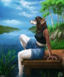  2019 5_fingers ambient_bird anthro aurru avian bird breasts brown_fur brown_hair canid canine canis claws clothed clothing day detailed_background digital_media_(artwork) dock domestic_dog female fingers fur grass green_eyes hair hi_res looking_up mammal outside partially_submerged reflection sitting sky solo stone toffle tree water whhite_fur white_fur 