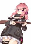  1girl bangs black_jacket blush breasts cleavage closed_mouth commentary cowboy_shot eyebrows_visible_through_hair fingernails frilled_jacket girls_frontline gun hair_between_eyes hair_intakes hair_ornament hasegawa_(rarairairai) headphones highres holding holding_gun holding_weapon jacket k31 k31_(girls_frontline) long_hair long_sleeves looking_at_viewer o-ring object_namesake pink_hair purple_eyes rifle sidelocks simple_background skindentation sleeves_past_wrists small_breasts smile sniper_rifle sniper_scope solo thigh_gap thigh_strap weapon white_background x_hair_ornament 