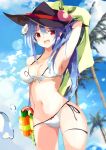  1girl :d arm_up armpits ass_visible_through_thighs bangs bare_arms bare_shoulders bikini black_headwear blue_hair blue_sky blush bow breasts cloud collarbone commentary_request cowboy_shot day eyebrows_visible_through_hair flower food fruit groin hair_between_eyes hair_flower hair_ornament highres hinanawi_tenshi holding holding_water_gun leaf lens_flare looking_at_viewer medium_breasts navel open_mouth outdoors palm_tree peach red_eyes side-tie_bikini sky smile solo standing stomach swimsuit tetsurou_(fe+) thigh_strap thighs touhou towel tree water_drop water_gun white_bikini white_bow white_flower 