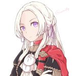  1girl airisuotog blonde_hair blue_eyes cape cravat edelgard_von_hresvelgr_(fire_emblem) fire_emblem fire_emblem:_three_houses gloves hair_ornament highres long_hair looking_at_viewer red_cape ribbon simple_background solo uniform upper_body white_background 