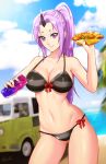  1girl ass_visible_through_thighs bikini black_bikini blurry blurry_background bow breasts can cleavage closed_mouth cloud collarbone cowboy_shot esther food front-tie_bikini front-tie_top groin hair_intakes high_ponytail holding holding_can holding_food large_breasts long_hair looking_at_viewer navel oni_horn purple_eyes purple_hair red_bow shiny shiny_hair shion_(tensei_shitara_slime_datta_ken) side-tie_bikini sideboob signature smile solo standing striped striped_bikini summer swimsuit tensei_shitara_slime_datta_ken very_long_hair 