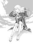  1girl arm_support boots break_blade capelet day floating_hair greyscale hand_in_hair highres hood hood_down hooded_capelet long_hair looking_to_the_side monochrome official_art outdoors profile short_shorts shorts sigyn_erster sitting solo thigh_boots thighhighs yoshinaga_yunosuke 
