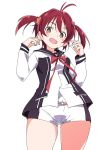  1girl :d black_legwear blush brown_eyes hair_ornament hair_scrunchie isshiki_akane ixy long_sleeves looking_at_viewer national_shin_ooshima_school_uniform open_mouth red_hair red_neckwear ribbon school_uniform scrunchie short_hair short_shorts shorts simple_background smile solo thighs twintails vividred_operation white_background 