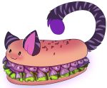  2017 :3 arh blush digital_media_(artwork) domestic_cat felid feline felis fish fluffy fluffy_tail food food_creature fur lettuce mammal marine purple_fur simple_background stripes submarine_sandwich suki-kitty white_background 