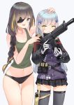  2girls :d assault_rifle bangs bare_arms bare_shoulders black_panties black_skirt blonde_hair blunt_bangs blush braid breasts brown_hair cleavage collarbone commentary eyebrows_visible_through_hair eyepatch facial_mark girls_frontline gloves green_eyes green_tank_top grey_background grey_eyes grey_legwear gun h&amp;k_hk416 hair_ornament hand_on_another&#039;s_head highres hk416_(girls_frontline) holding holding_gun holding_weapon jacket lee_seok_ho long_hair long_sleeves m16a1_(girls_frontline) medium_breasts multicolored_hair multiple_girls navel object_namesake open_mouth panties parted_lips pleated_skirt pouch purple_jacket rifle scar scar_across_eye silver_hair simple_background skirt smile streaked_hair tank_top thighhighs underwear upper_teeth very_long_hair wavy_mouth weapon white_gloves 